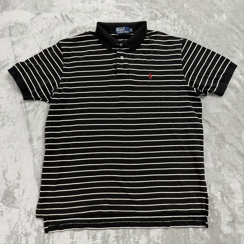Vintage Polo by Ralph Lauren Shirt Men's XL Black White Striped Red Pony (Stain)
